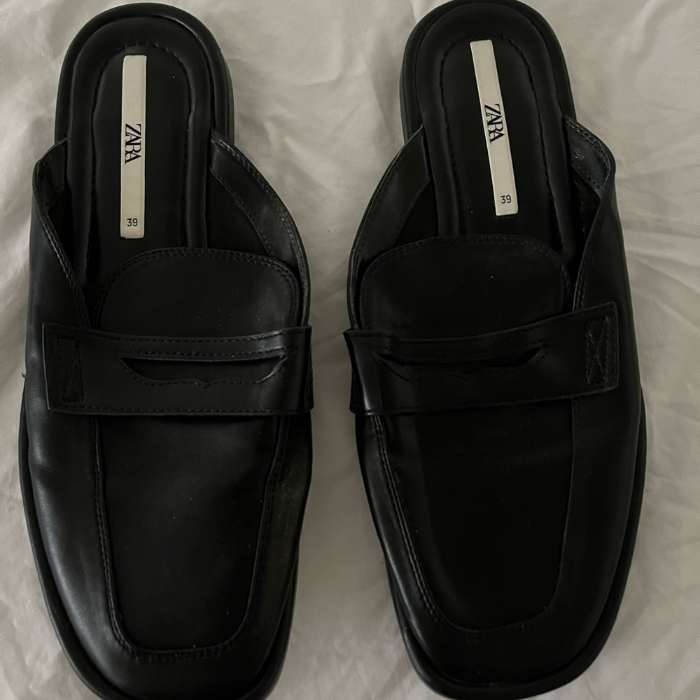 Zara black Oxford loafer mules slip on faux leather like 39 US 8